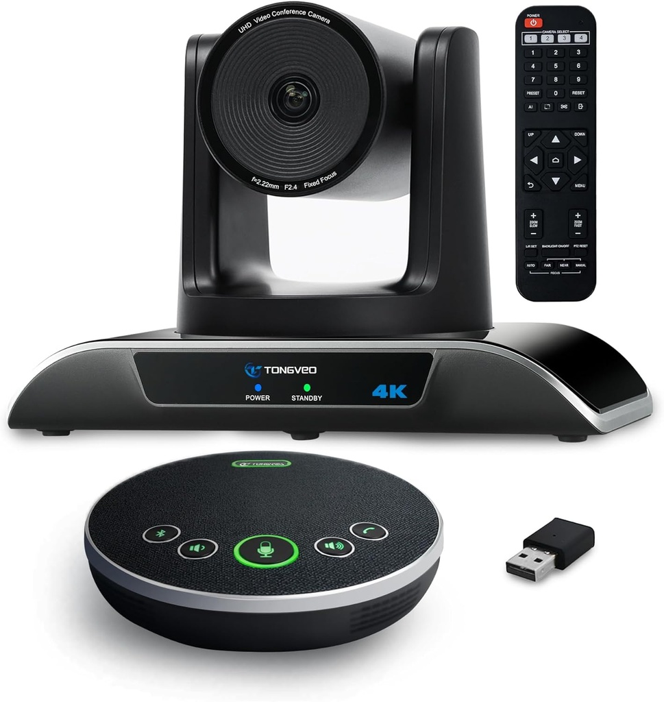 TONGVEO 4K Conference Room Camera System, AI Auto-Tracking PTZ Camera 5X Digital Zoom with Wireless Bluetooth Speakerphone Set USB 124-Degree Wide-Angle for Zoom Skype Teams OBS and more